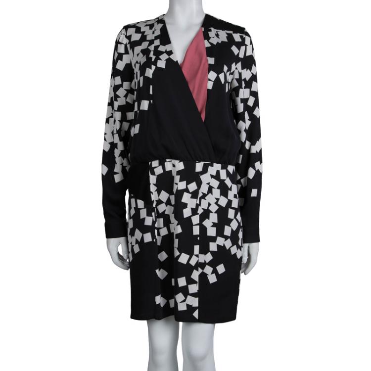 Pre Owned Diane von Furstenberg Monochrome Printed Silk Magnolia Dress L