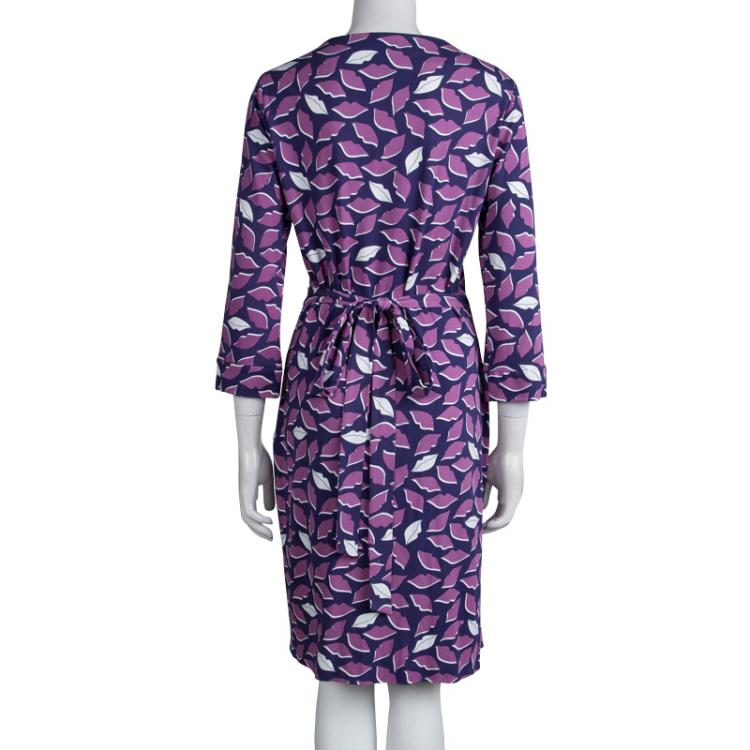Pre Owned Diane von Furstenberg Purple Lip Print Jersey New Julian Two Wrap Dress L