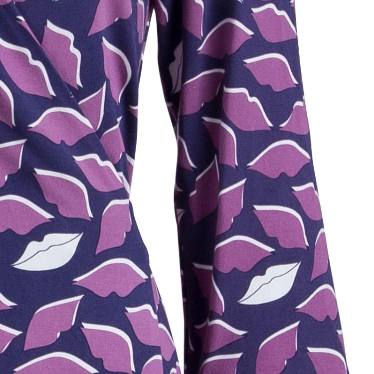 Pre Owned Diane von Furstenberg Purple Lip Print Jersey New Julian Two Wrap Dress L