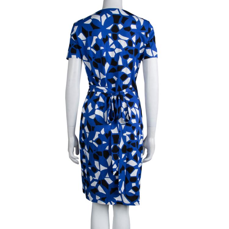 Pre Owned Diane von Furstenberg Blue Printed Jersey New Julian Two Wrap Dress L