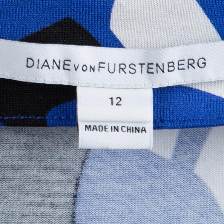 Pre Owned Diane von Furstenberg Blue Printed Jersey New Julian Two Wrap Dress L