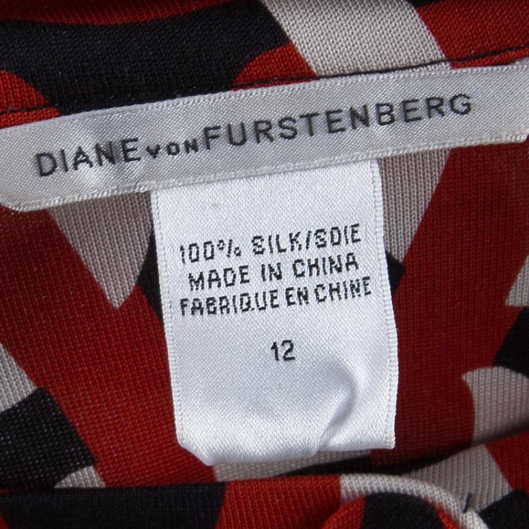 Pre Owned Diane von Furstenberg Orange Chain Print Full Sleeve Dress L