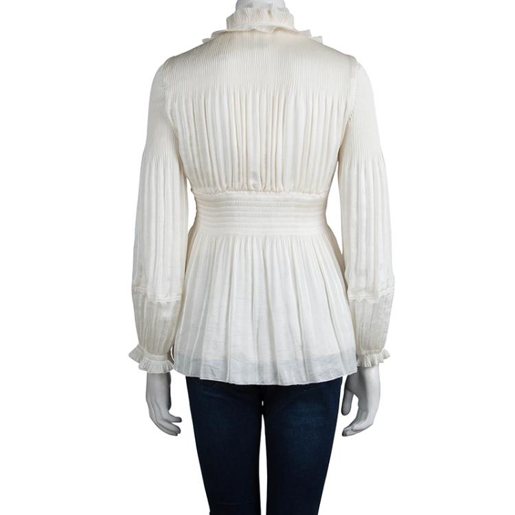 Pre Owned Diane von Furstenberg Cream Ruffle Detail Long Sleeve Matador Blouse M