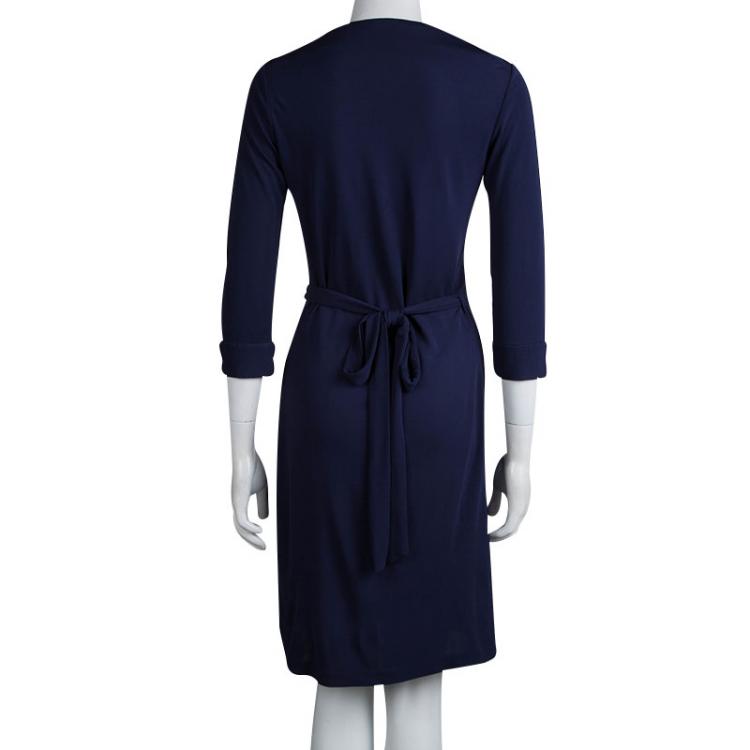 Pre Owned Diane von Furstenberg Navy Blue Knit New Julian Two Wrap Dress S