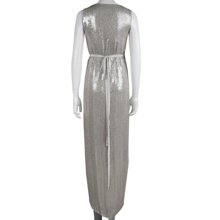 مملوكة مسبقًا Diane Von Furstenberg Silver Sequin Embellished Sleeveless Yahzi Wrap Gown S