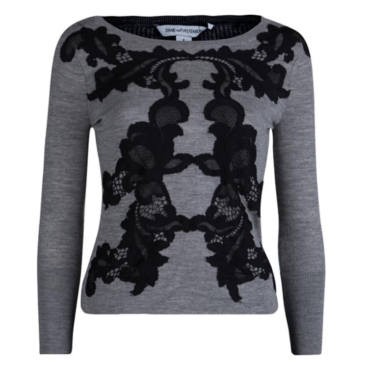 Pre Owned Diane Von Furstenberg Grey Floral Lace Applique Detail Shara Sweater XS