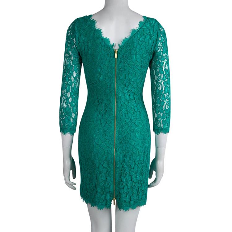 Pre Owned Diane Von Furstenberg Green Lace Long Sleeve Zarita Dress XS