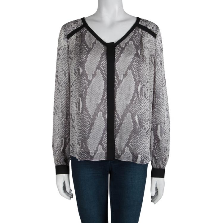 Pre Owned Diane Von Furstenberg Snakeskin Print Lane Chiffon Long Sleeve Blouse L