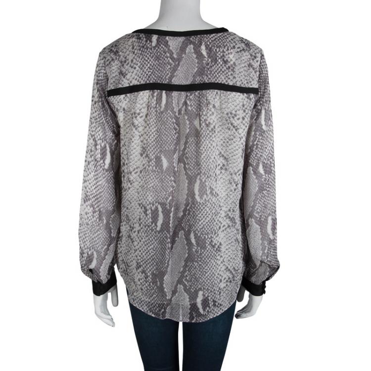 Pre Owned Diane Von Furstenberg Snakeskin Print Lane Chiffon Long Sleeve Blouse L