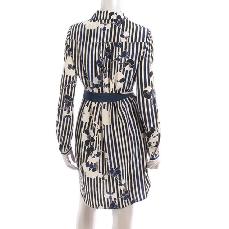 Pre Owned Diane Von Furstenberg Navy Blue Striped Floral Print Shirt Dress S