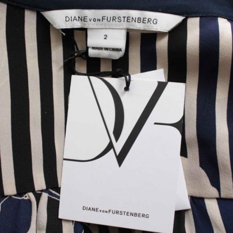 Pre Owned Diane Von Furstenberg Navy Blue Striped Floral Print Shirt Dress S