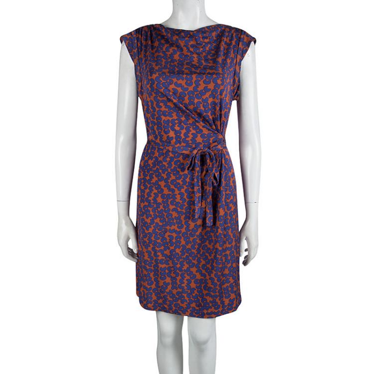 Pre Owned Diane Von Furstenberg Orange Printed Silk Jersey Amberlin Dress M