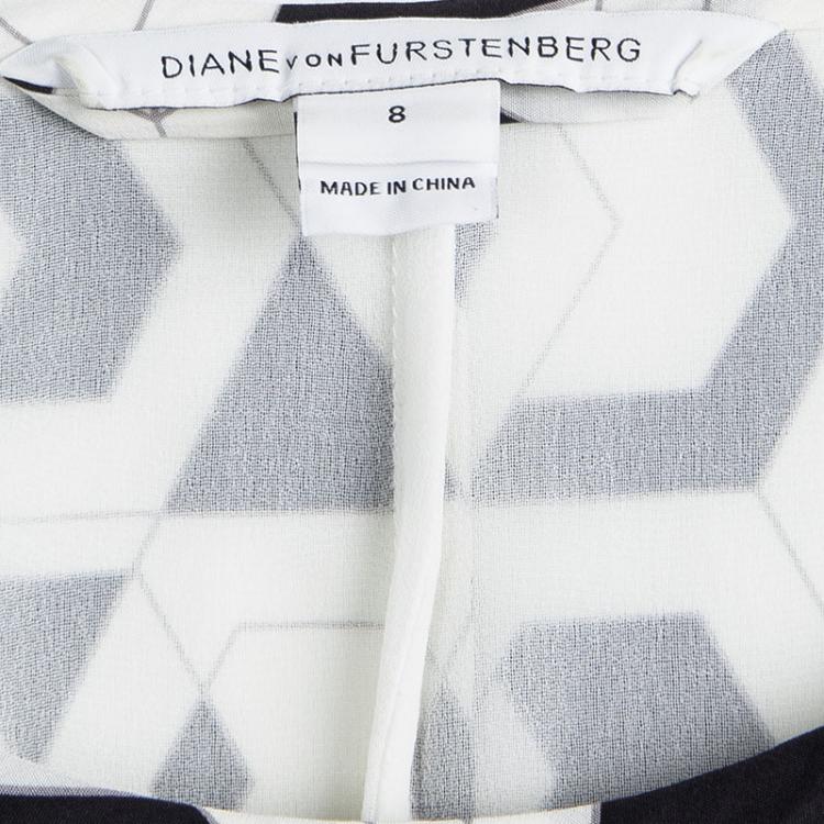 Pre Owned Diane Von Furstenberg Monochrome Printed Silk Belted Eribec Shift Dress M