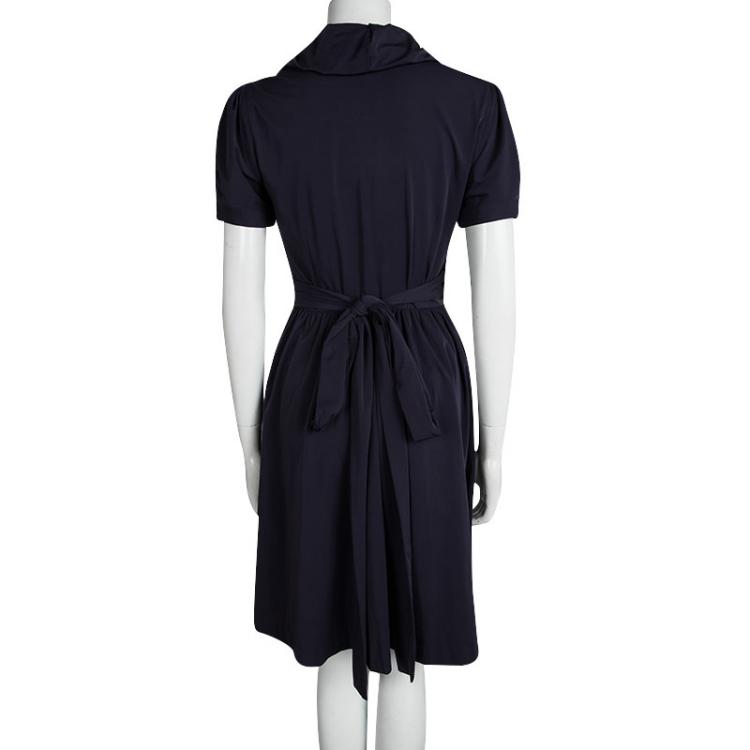 Pre Owned Diane Von Furstenberg Navy Blue Knit Bethania Short Sleeve Wrap Dress M