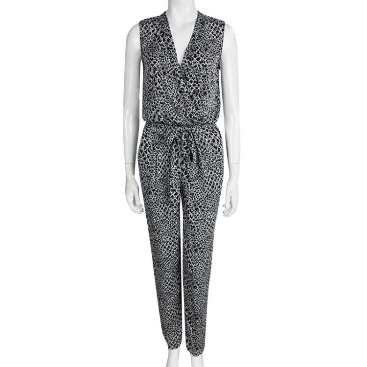 Pre Owned Diane Von Furstenberg Rawena Monochrome Printed Silk Jumpsuit M