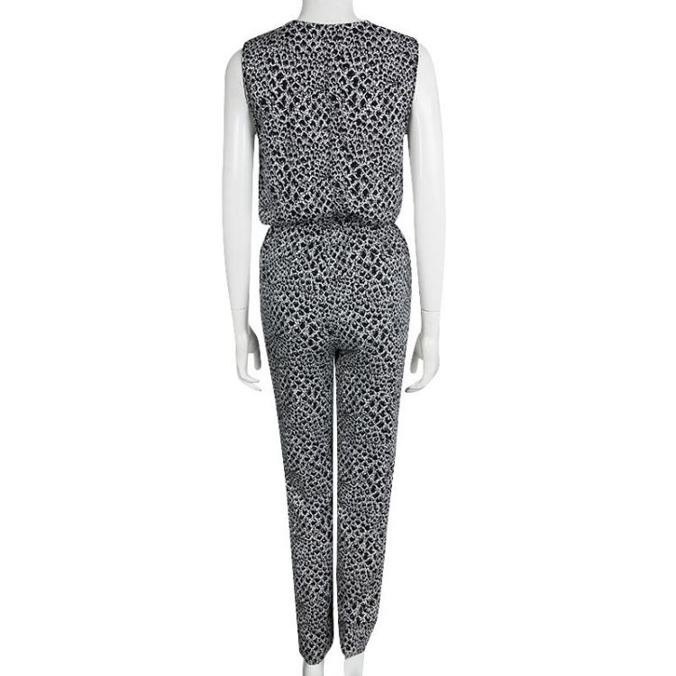 Pre Owned Diane Von Furstenberg Rawena Monochrome Printed Silk Jumpsuit M
