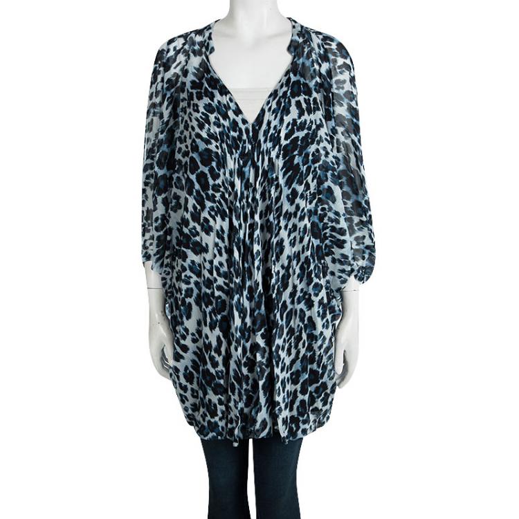 Pre Owned Diane Von Furstenberg Snow Cheetah Printed Silk Fleurette Kaftan Tunic M