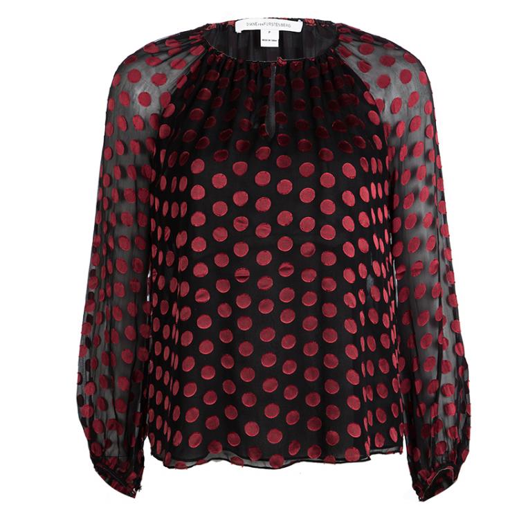 Diane Von Furstenberg Marnie Black Burnout Detail Long Sleeve Blouse XS ...