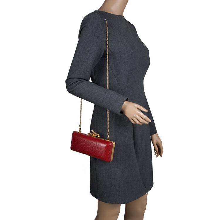 Pre Owned Diane Von Furstenberg Red Ostrich Embossed Leather Long Lytton Clutch