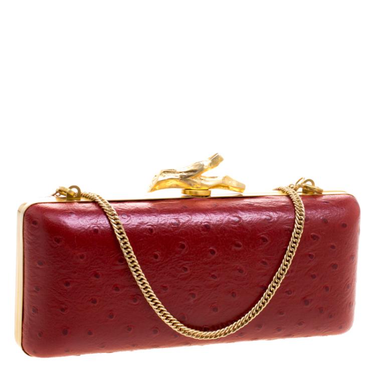 Pre Owned Diane Von Furstenberg Red Ostrich Embossed Leather Long Lytton Clutch