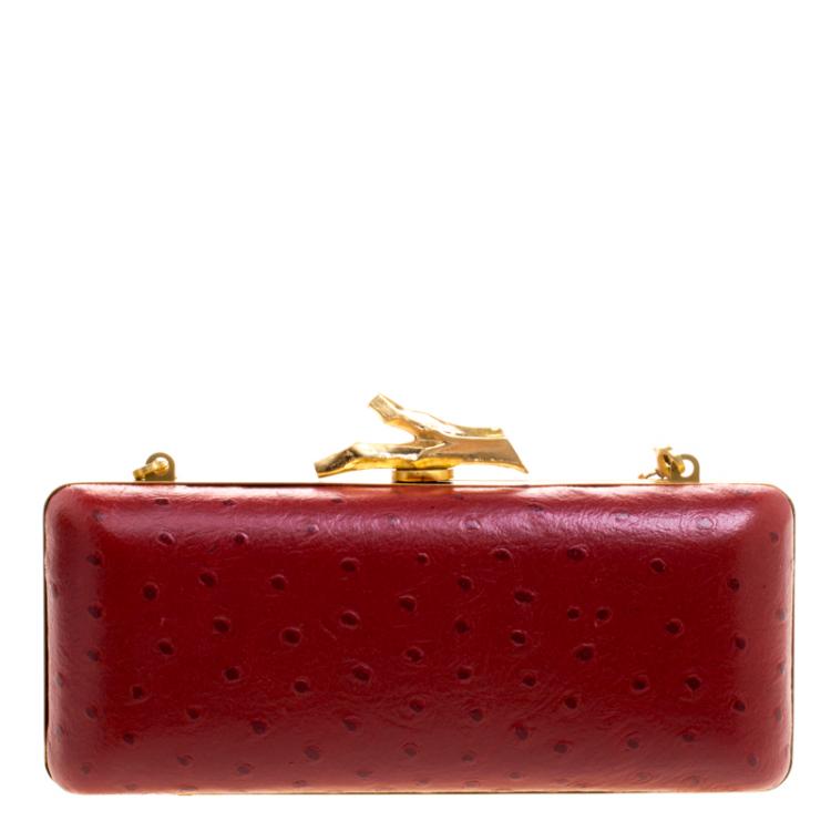 Pre Owned Diane Von Furstenberg Red Ostrich Embossed Leather Long Lytton Clutch