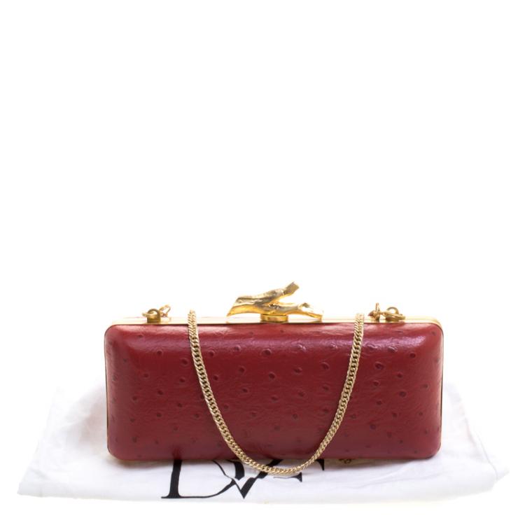 Pre Owned Diane Von Furstenberg Red Ostrich Embossed Leather Long Lytton Clutch