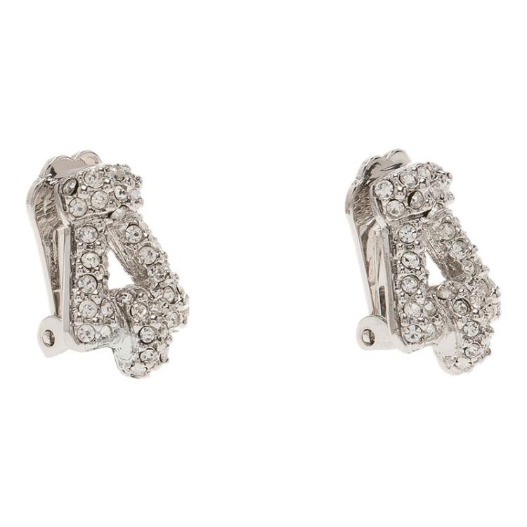Pre Owned Dior Crystal Studded Silver Tone Clip-On Earrings