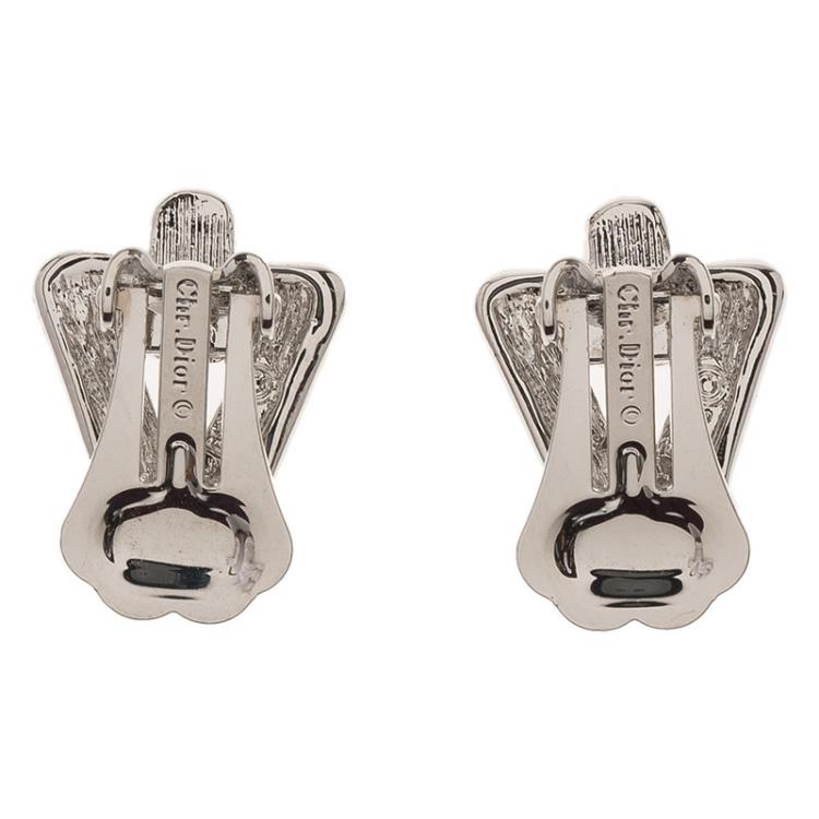 Pre Owned Dior Crystal Studded Silver Tone Clip-On Earrings