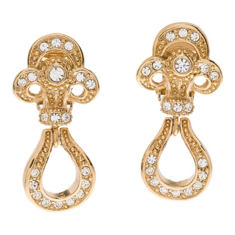 Pre Owned Dior Vintage Crystal Studded Gold Tone Dangle Clip-On Earrings