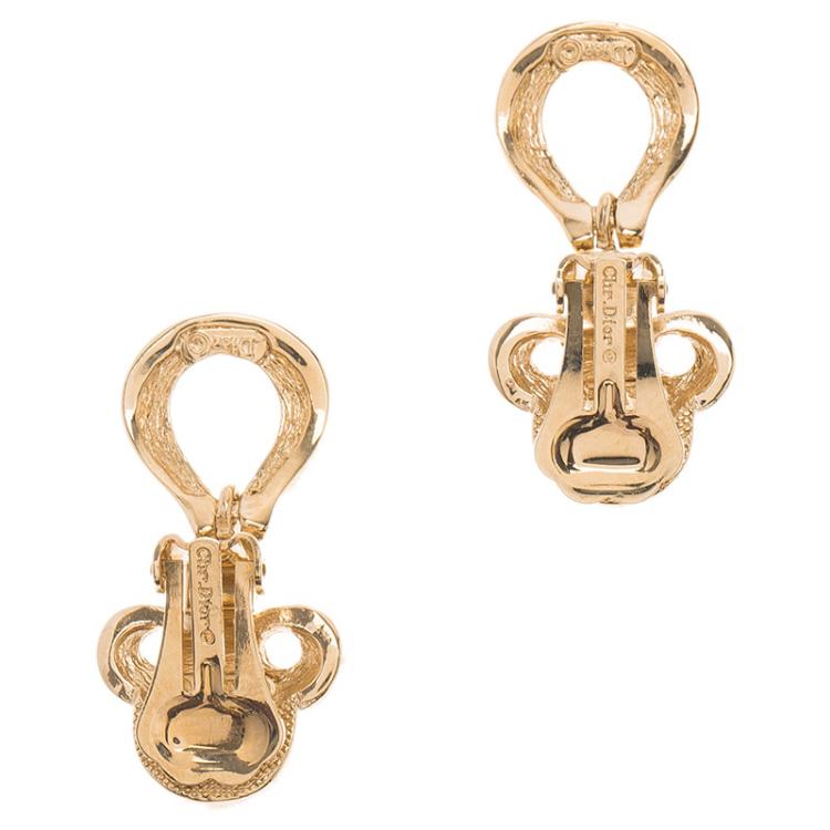 Pre Owned Dior Vintage Crystal Studded Gold Tone Dangle Clip-On Earrings