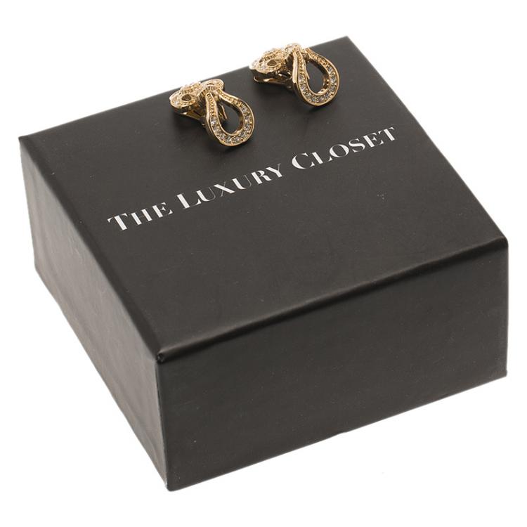 Pre Owned Dior Vintage Crystal Studded Gold Tone Dangle Clip-On Earrings