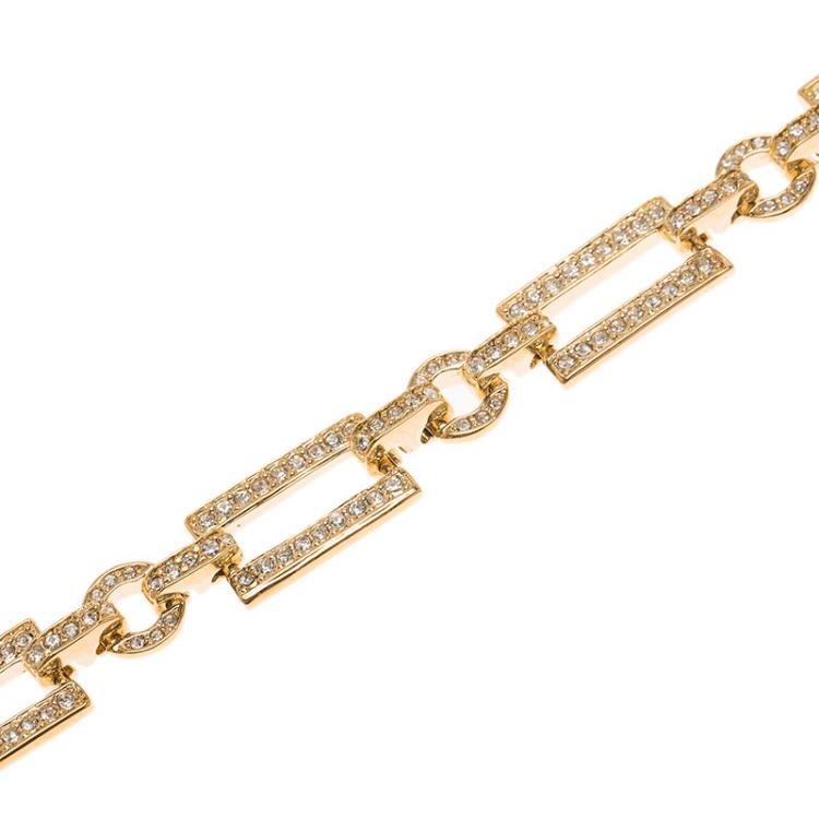 Pre Owned Dior Crystal Studded Gold Tone Link Bracelet Size 19cm