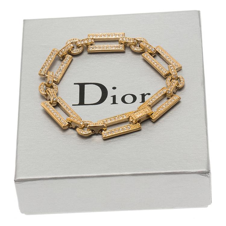 Pre Owned Dior Crystal Studded Gold Tone Link Bracelet Size 19cm