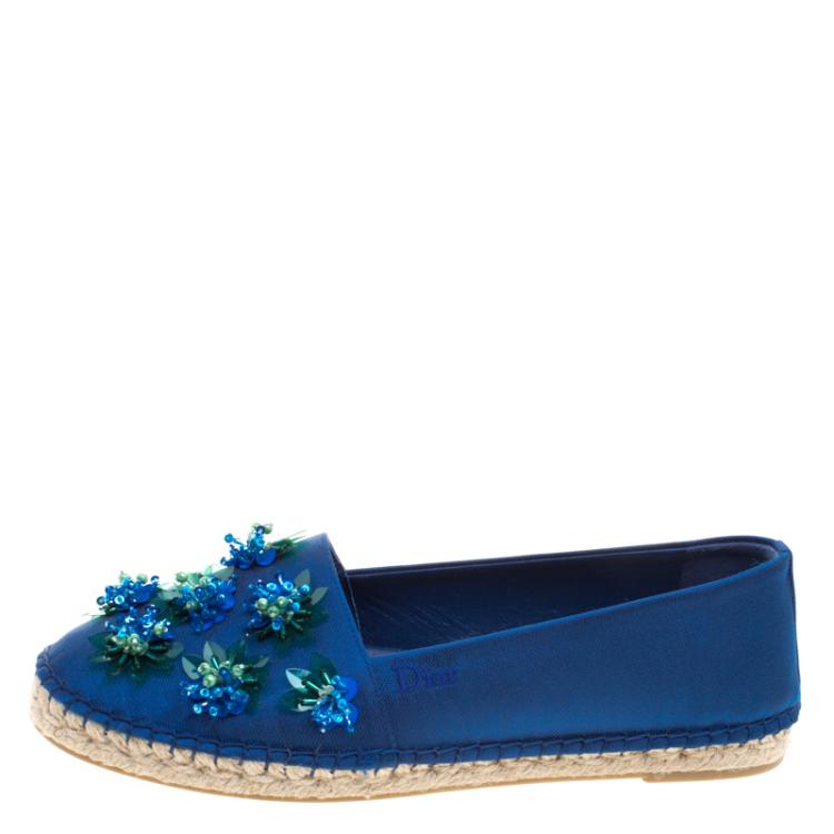 Pre Owned Dior Blue Floral Embellished Canvas Espadrille Loafers Size 37.5