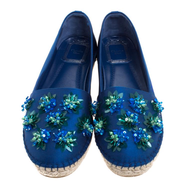 Pre Owned Dior Blue Floral Embellished Canvas Espadrille Loafers Size 37.5