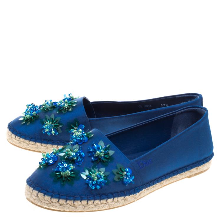 Pre Owned Dior Blue Floral Embellished Canvas Espadrille Loafers Size 37.5