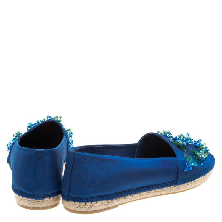 Pre Owned Dior Blue Floral Embellished Canvas Espadrille Loafers Size 37.5