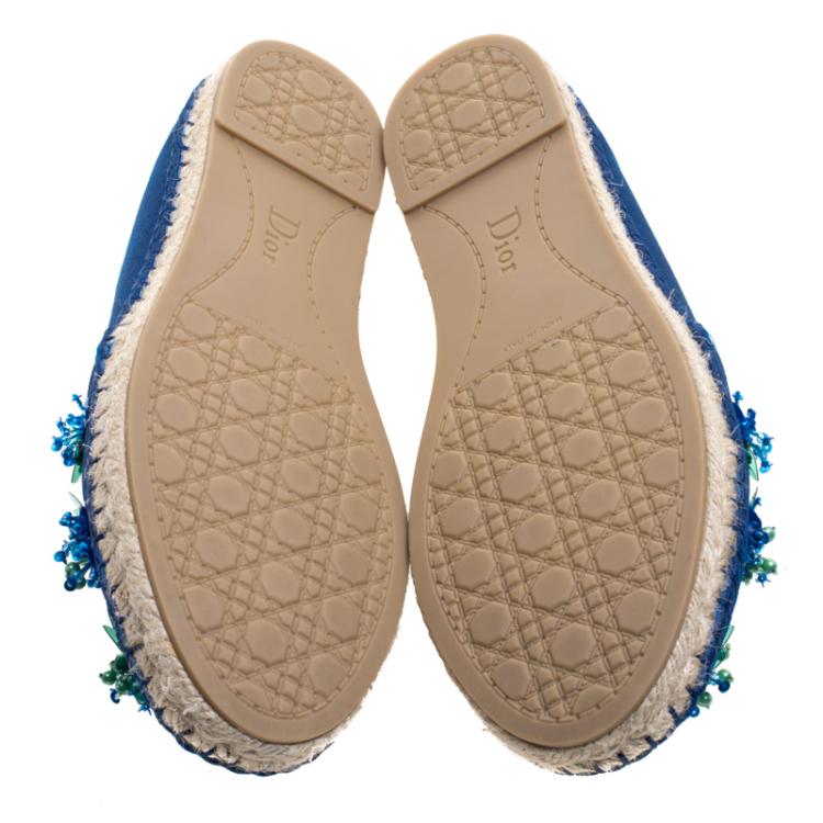Pre Owned Dior Blue Floral Embellished Canvas Espadrille Loafers Size 37.5