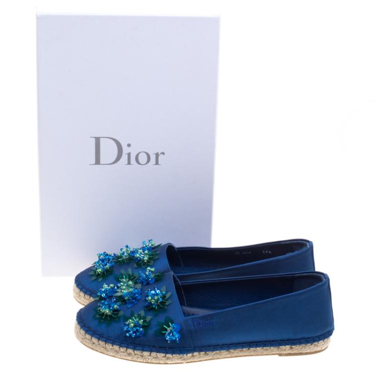 Pre Owned Dior Blue Floral Embellished Canvas Espadrille Loafers Size 37.5