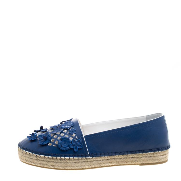 Pre Owned Dior Encore Blue Laser Cut Floral Embellished Leather Flore Espadrilles Size 40
