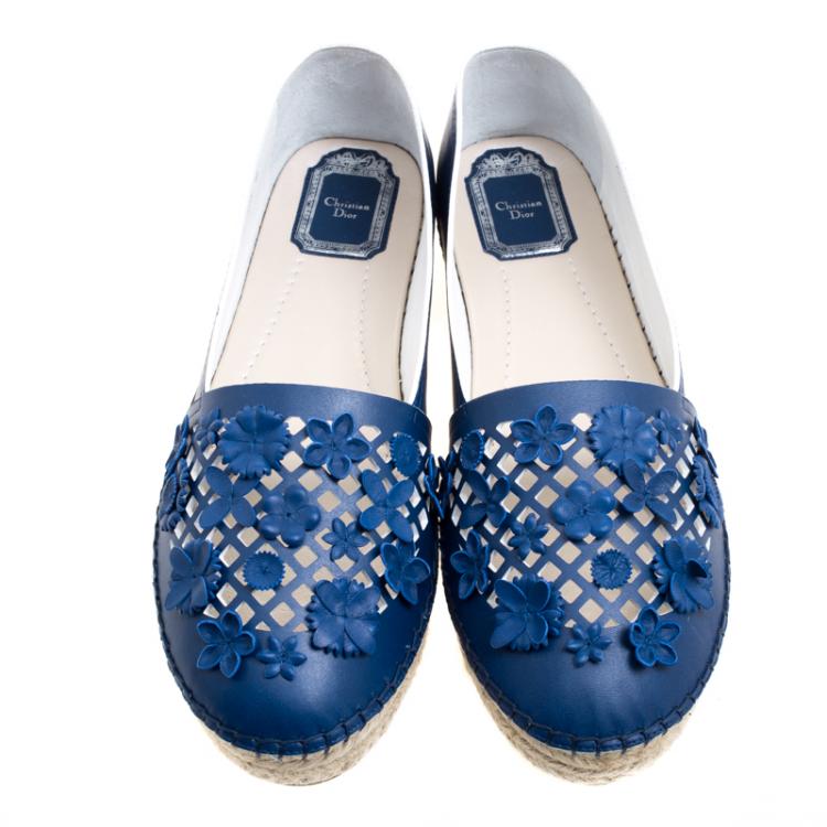 Pre Owned Dior Encore Blue Laser Cut Floral Embellished Leather Flore Espadrilles Size 40