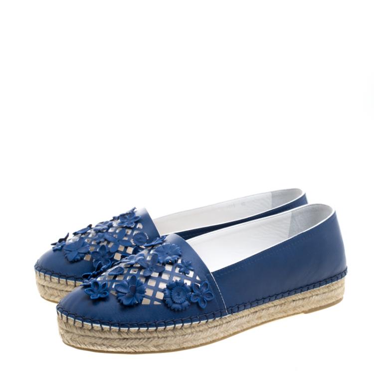 Pre Owned Dior Encore Blue Laser Cut Floral Embellished Leather Flore Espadrilles Size 40
