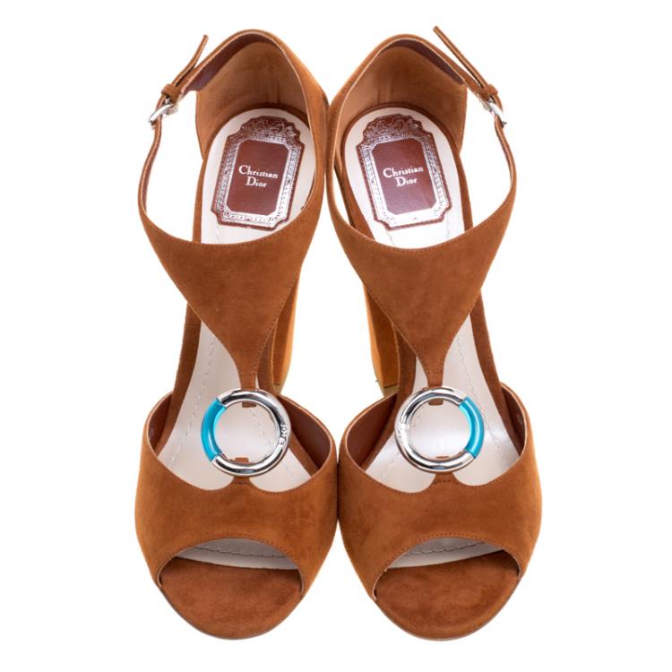 Pre Owned Dior Cognac Brown Suede Escale Block Heel T Strap Sandals Size 41