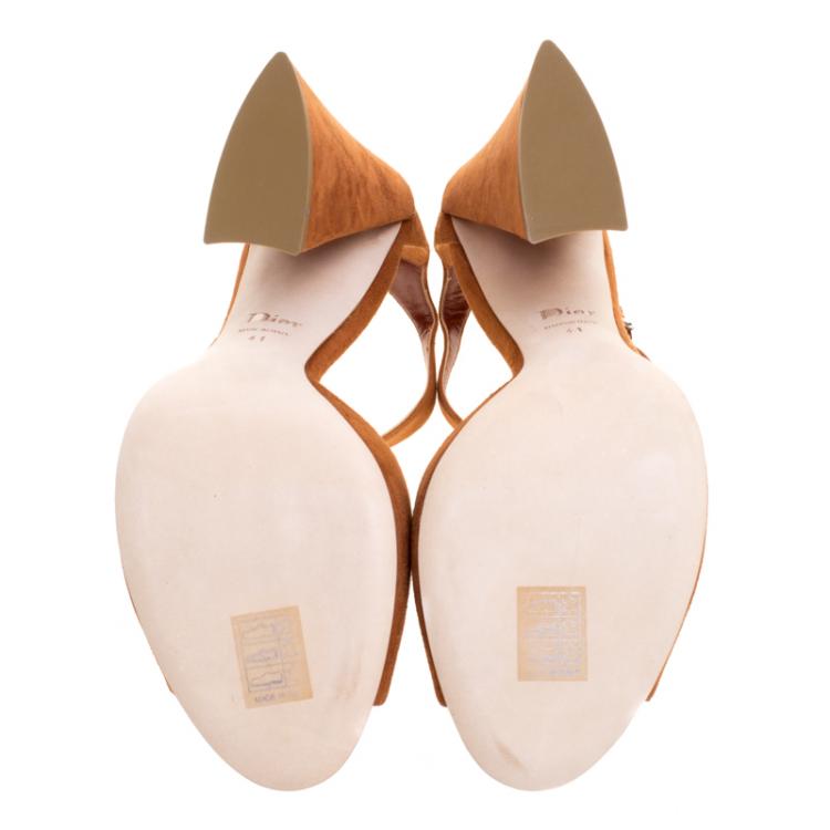 Pre Owned Dior Cognac Brown Suede Escale Block Heel T Strap Sandals Size 41