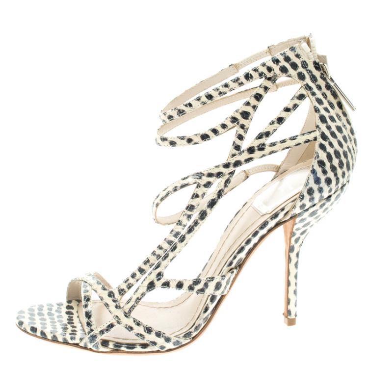 Pre Owned Dior Two Tone Polka Dot Python Leather Strappy Sandals Size 37.5