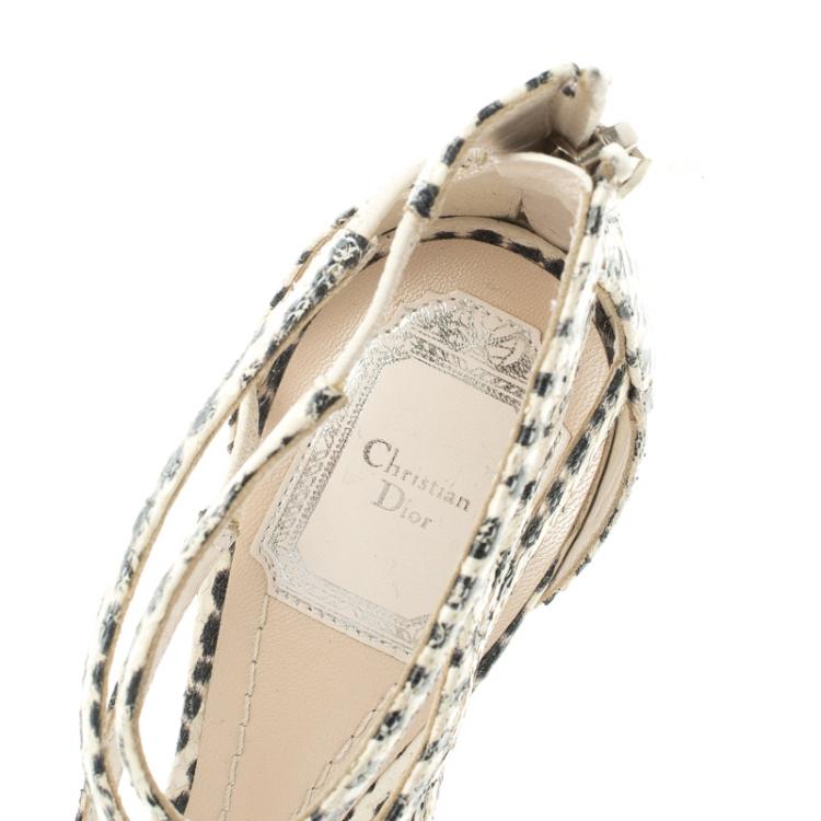 Pre Owned Dior Two Tone Polka Dot Python Leather Strappy Sandals Size 37.5