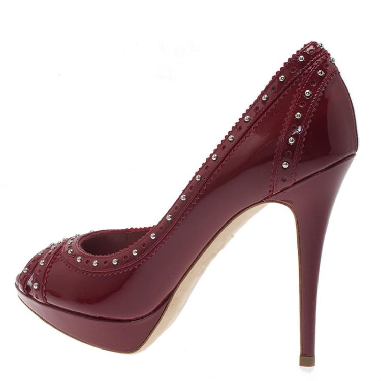 Pre Owned Dior Red Patent Brogue Studded Leather Peep Toe Pumps Size 39