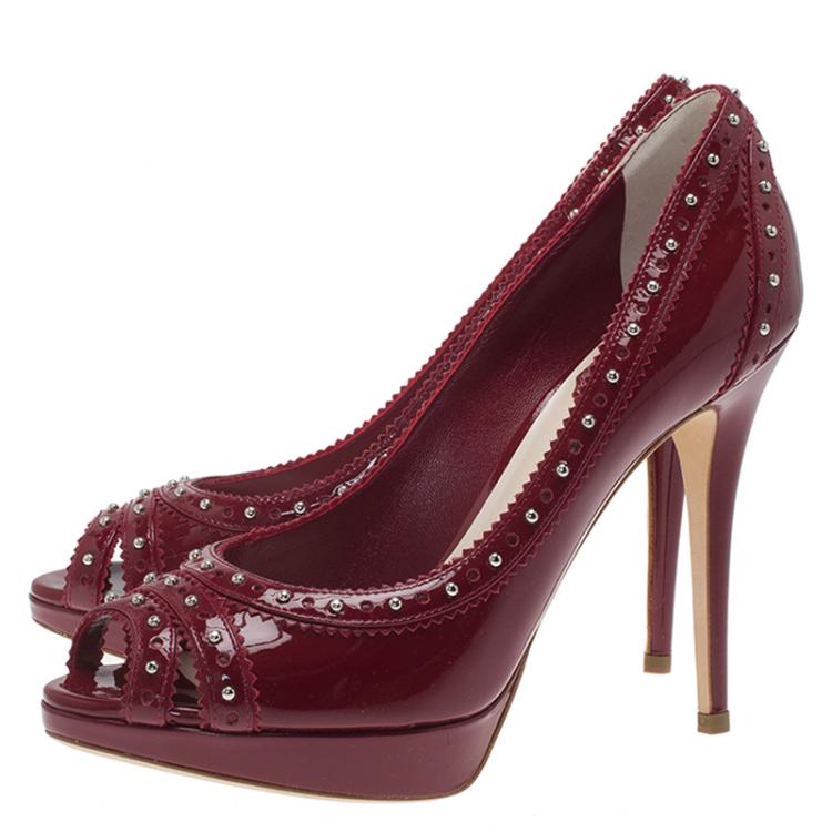 Pre Owned Dior Red Patent Brogue Studded Leather Peep Toe Pumps Size 39