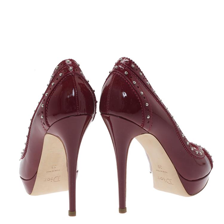 Pre Owned Dior Red Patent Brogue Studded Leather Peep Toe Pumps Size 39