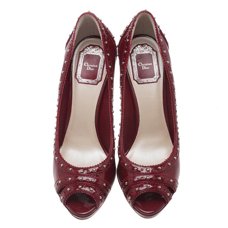 Pre Owned Dior Red Patent Brogue Studded Leather Peep Toe Pumps Size 39